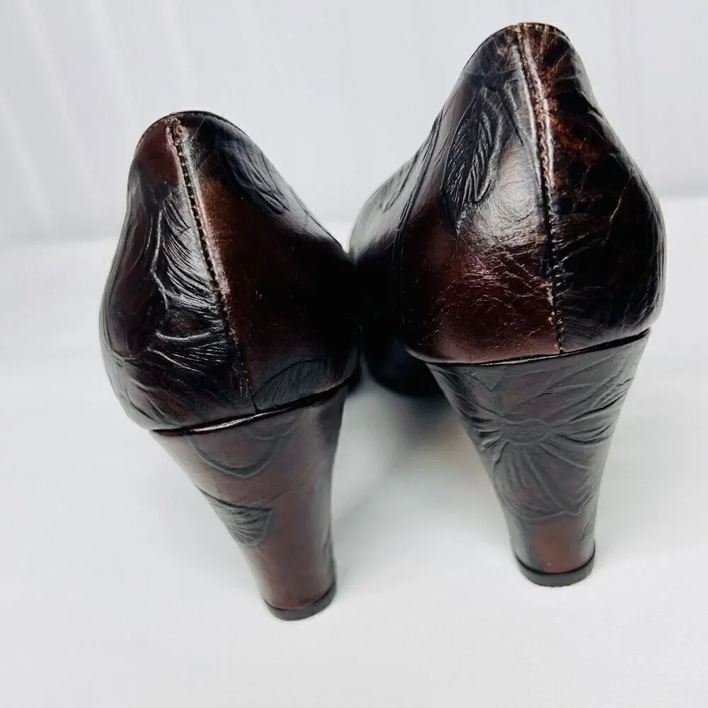 Cuoieria Fiorentina Italy Tuscan Sz 8.5 Heels Chocolate Brown Leather Floral